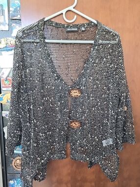 Nina Leonard Black Metallic Open Weave Button Cardigan